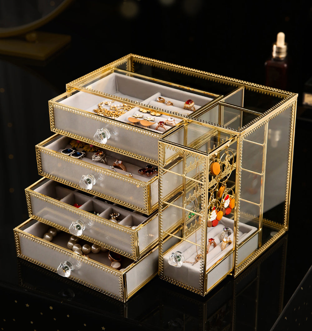 MOOCHI Golden Brass Vintage Glass 4 Drawers Jewelry Box with Earrings