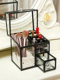 MOOCHI Vintage Glass Cosmetic Multifunctional Makeup Organizer with Pearls Dustproof Cosmetics Storage Display Case For Brushes Lipsticks