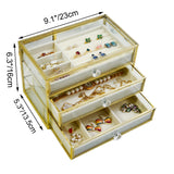 MOOCHI Golden Brass Vintage Glass Jewelry Box with 3 Drawers Earrings Necklace Ring Bracelet Watch Costmetic Organizer Case for Women