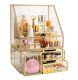 MOOCHI Golden Vintage Glass Cosmetic Makeup Organizer 3 Drawers Set Dust Waterproof Cosmetics Storage Display Case