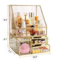 MOOCHI Golden Vintage Glass Cosmetic Makeup Organizer 3 Drawers Set Dust Waterproof Cosmetics Storage Display Case