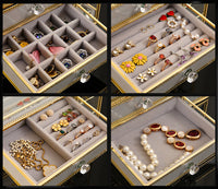 MOOCHI Golden Brass Vintage Glass 4 Drawers Jewelry Box with Earrings Hanging Stand Costmetic Organizer Case for Necklace Ring Bracelet Watch