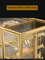 MOOCHI Golden Brass Vintage Glass 4 Drawers Jewelry Box with Earrings Hanging Stand Costmetic Organizer Case for Necklace Ring Bracelet Watch